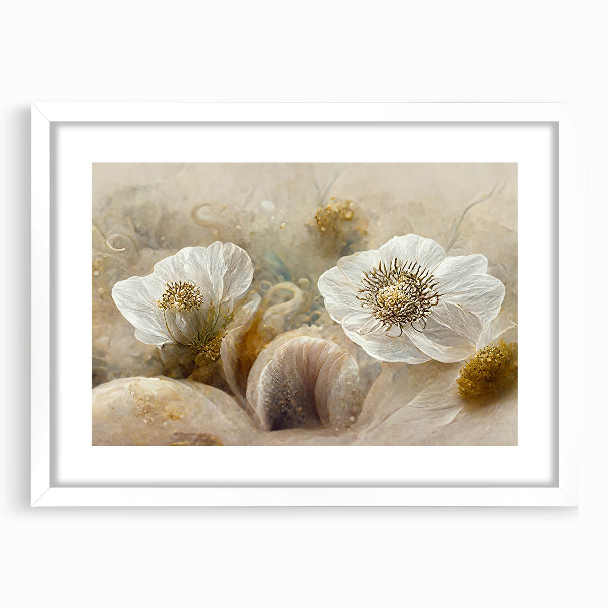 Abstract floral wall art framed in white with a mat, showcasing vibrant colors and intricate designs, perfect for modern home decor. The artwork evokes a sense of tranquility and elegance, making it an ideal accent for living rooms or bedrooms.