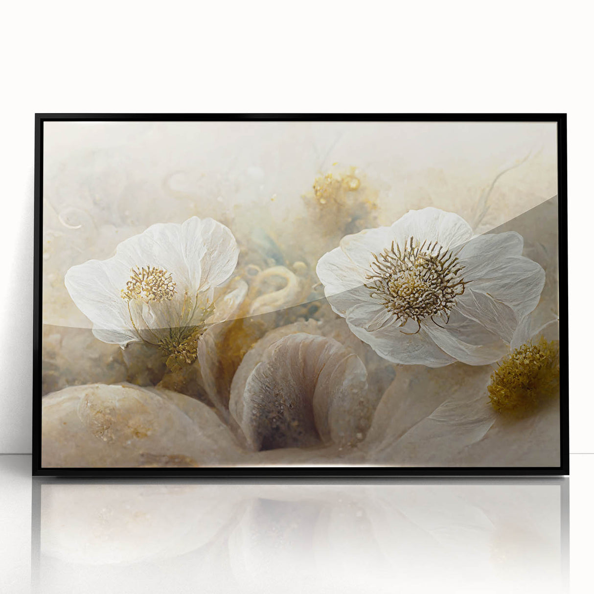 Framed abstract floral wall art featuring bold colors and intricate designs, displayed in a sleek black frame, perfect for modern home decor.