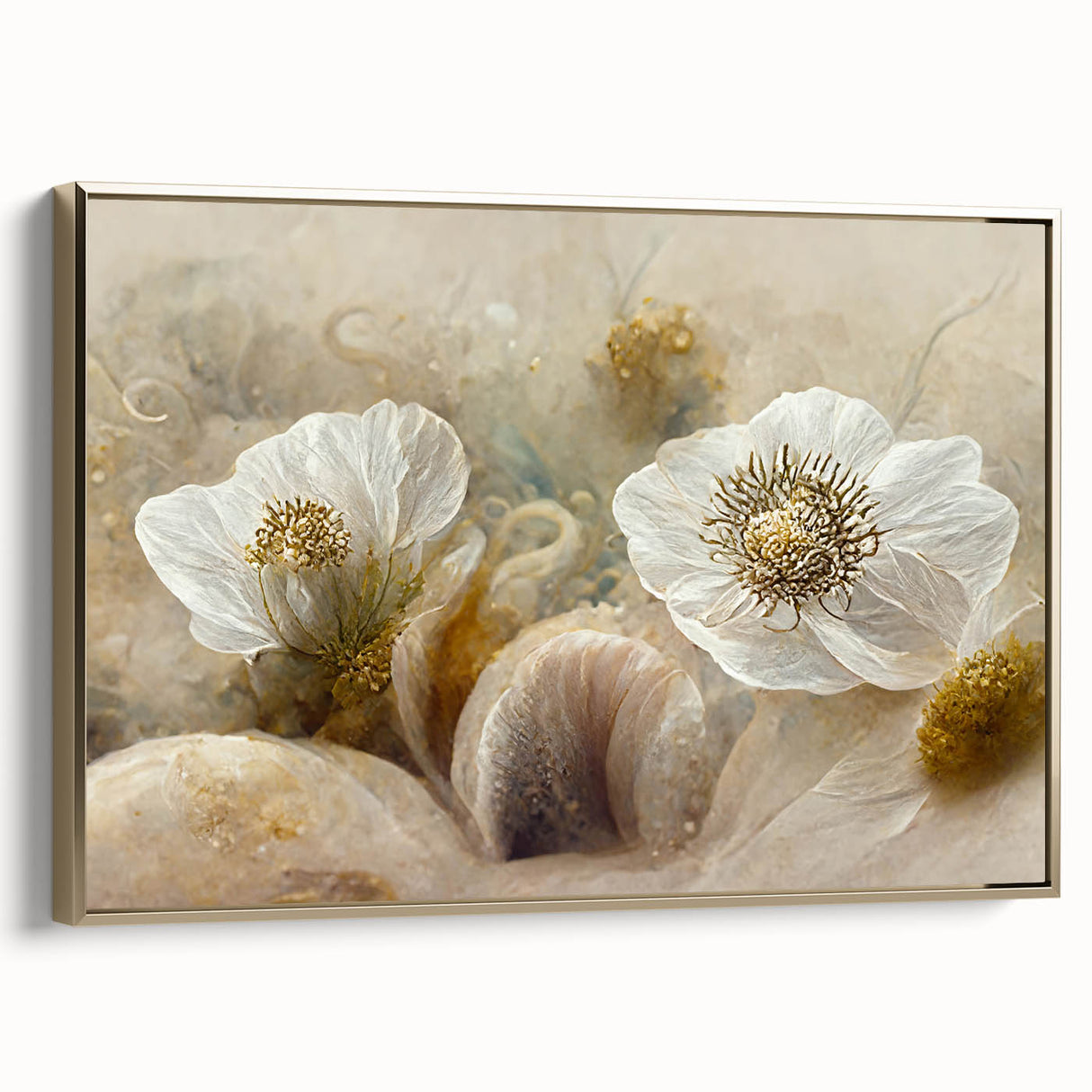 Framed canvas wall art showcasing an abstract floral design in vibrant colors with a gold frame, ideal for modern home decor and stylish interiors.