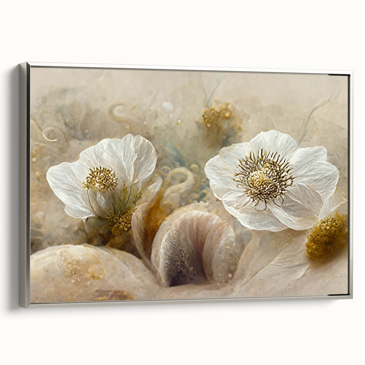 Framed wall art showcasing an abstract floral design with a silver frame, displayed from a side view, perfect for modern decor and enhancing any room's aesthetic.