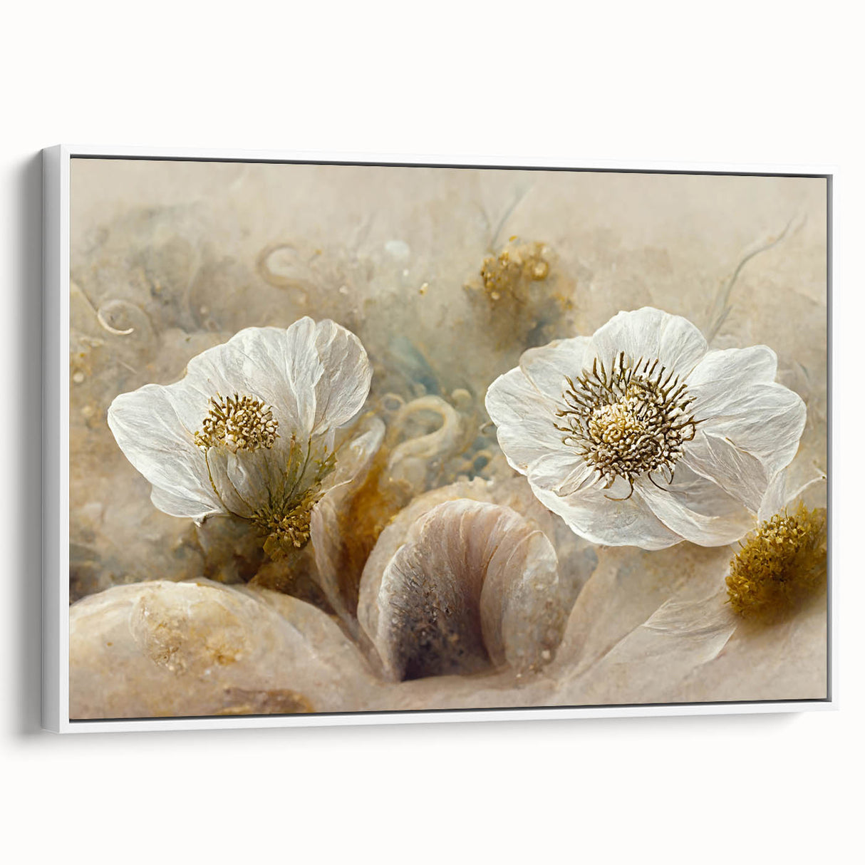 Framed wall art showcasing an abstract floral design with vibrant colors on a white canvas, viewed from the side, perfect for modern home decor.