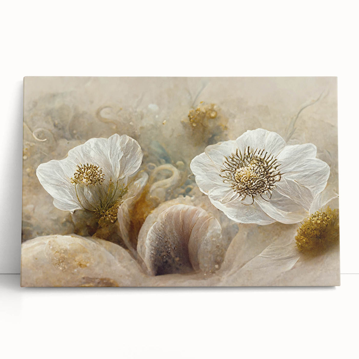 Colorful abstract floral wall art on stretched canvas, showcasing vibrant hues of pink, blue, and green. Ideal for modern home decor accents or artistic wall displays.