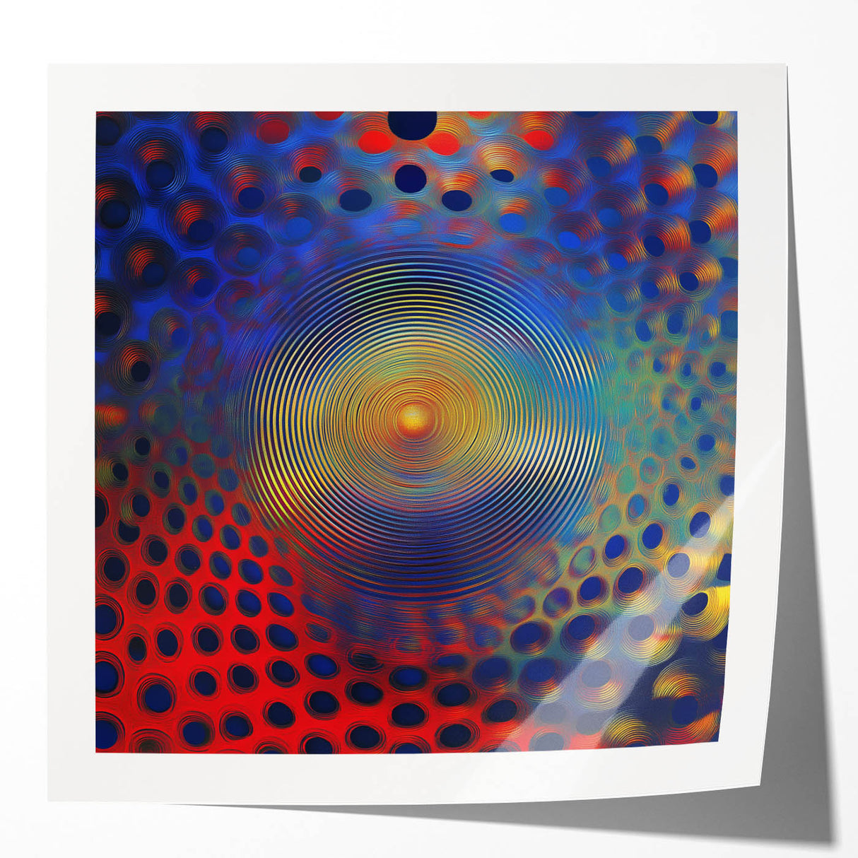 Geometric Abstract Wall Decor – Red, Yellow & Blue Optical Burst