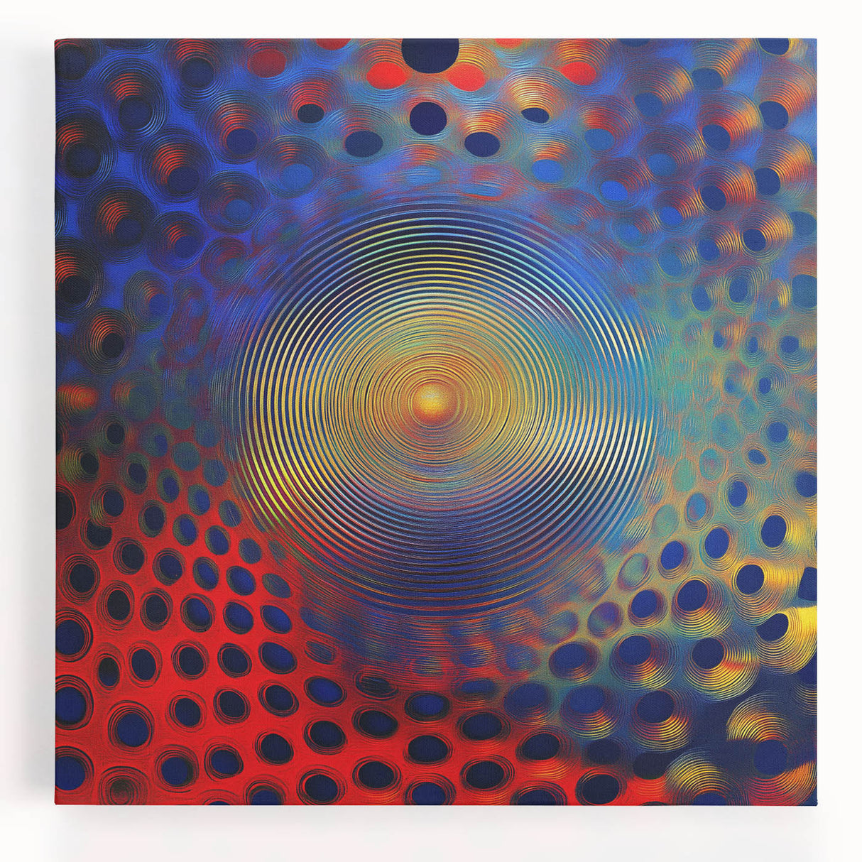 Geometric Abstract Wall Decor – Red, Yellow & Blue Optical Burst