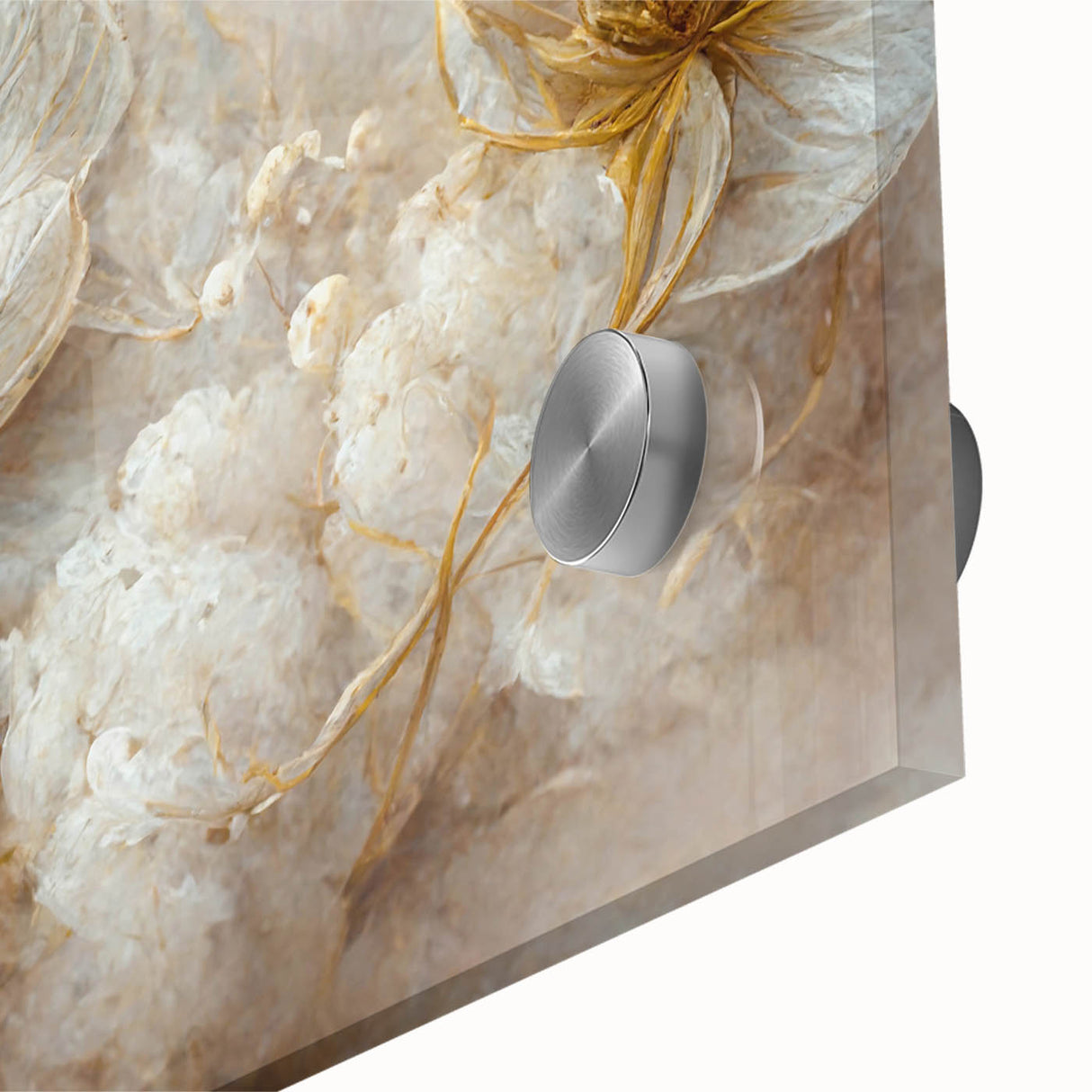 Close-up of vibrant abstract floral wall art printed on acrylic glass, showcasing intricate details and vivid colors, perfect for home decor enhancement.