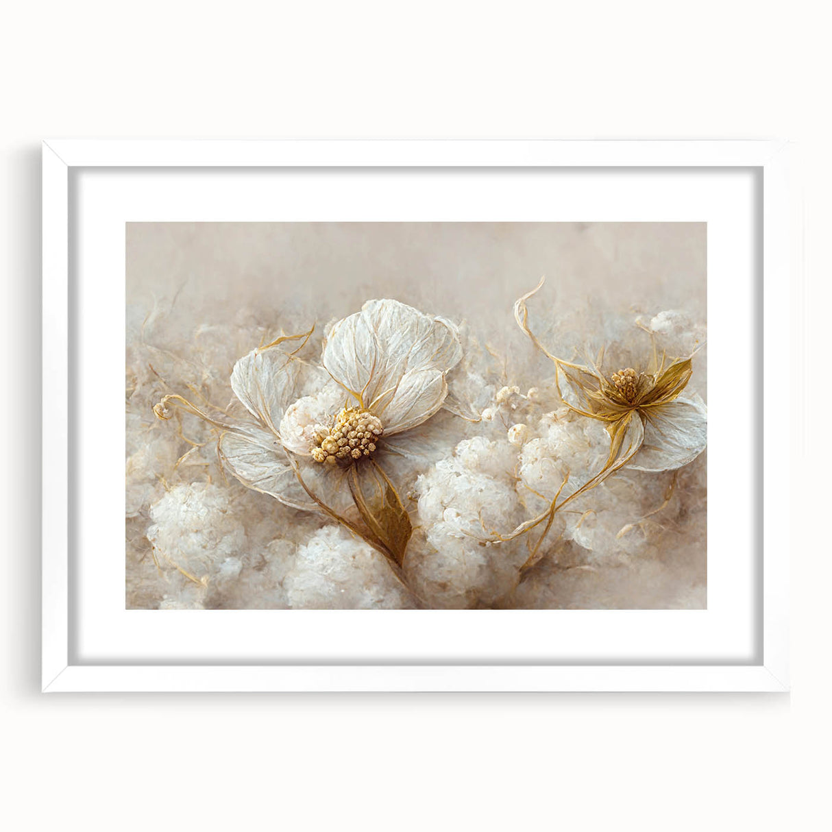 Abstract floral wall art featuring vibrant colors and intricate designs, elegantly framed with a white mat, ideal for modern home decor. Perfect for adding a touch of sophistication to any room.