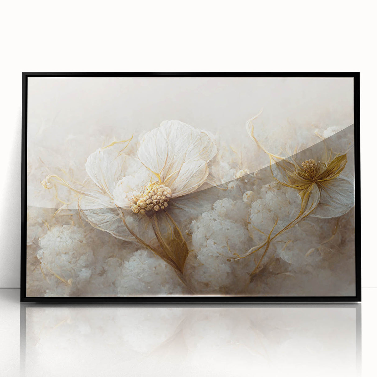Framed abstract floral wall art featuring vibrant colors and intricate designs, displayed in a sleek black frame, perfect for modern home decor.