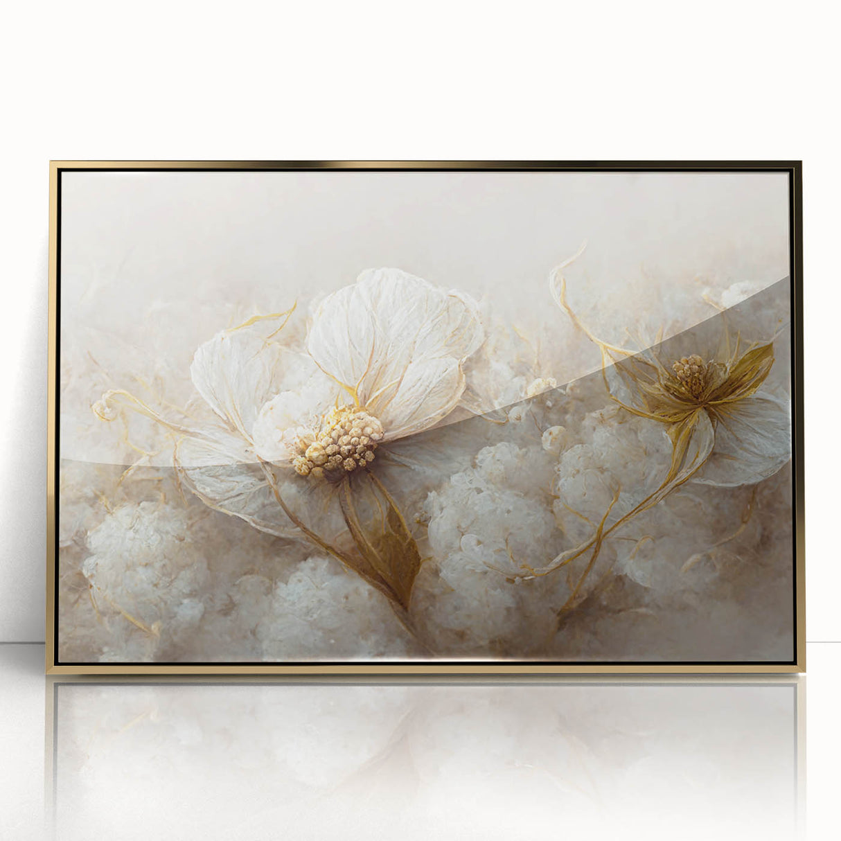 Framed acrylic wall art showcasing an abstract floral design in vibrant colors, accented with gold, perfect for modern home decor. Ideal for enhancing living spaces.