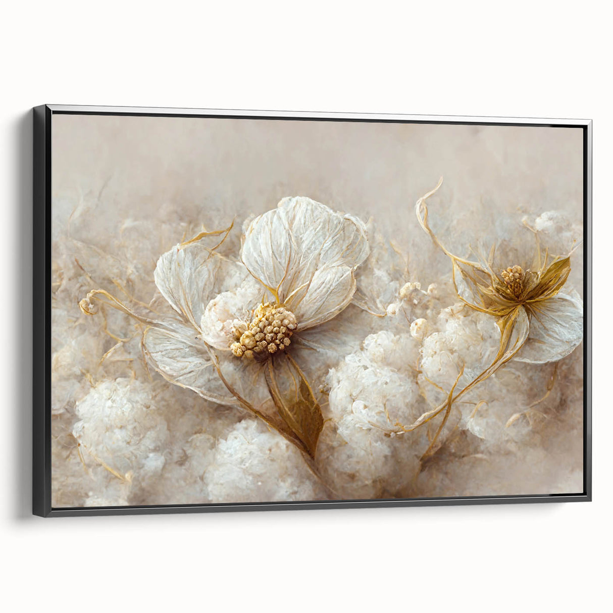Framed black canvas wall art showcasing abstract floral designs with vibrant colors, displayed from a side view to highlight its elegant profile and depth. Perfect for modern home decor.