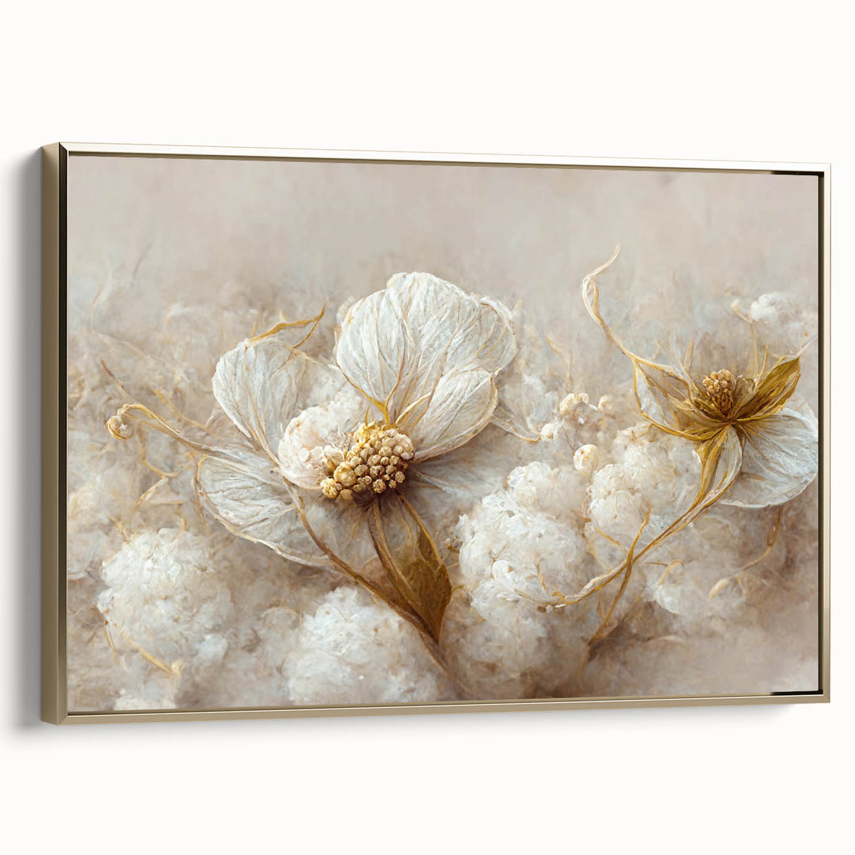 Framed canvas wall art showcasing abstract floral designs in vibrant colors, featuring gold accents and a sleek modern frame, ideal for home decor enhancement.