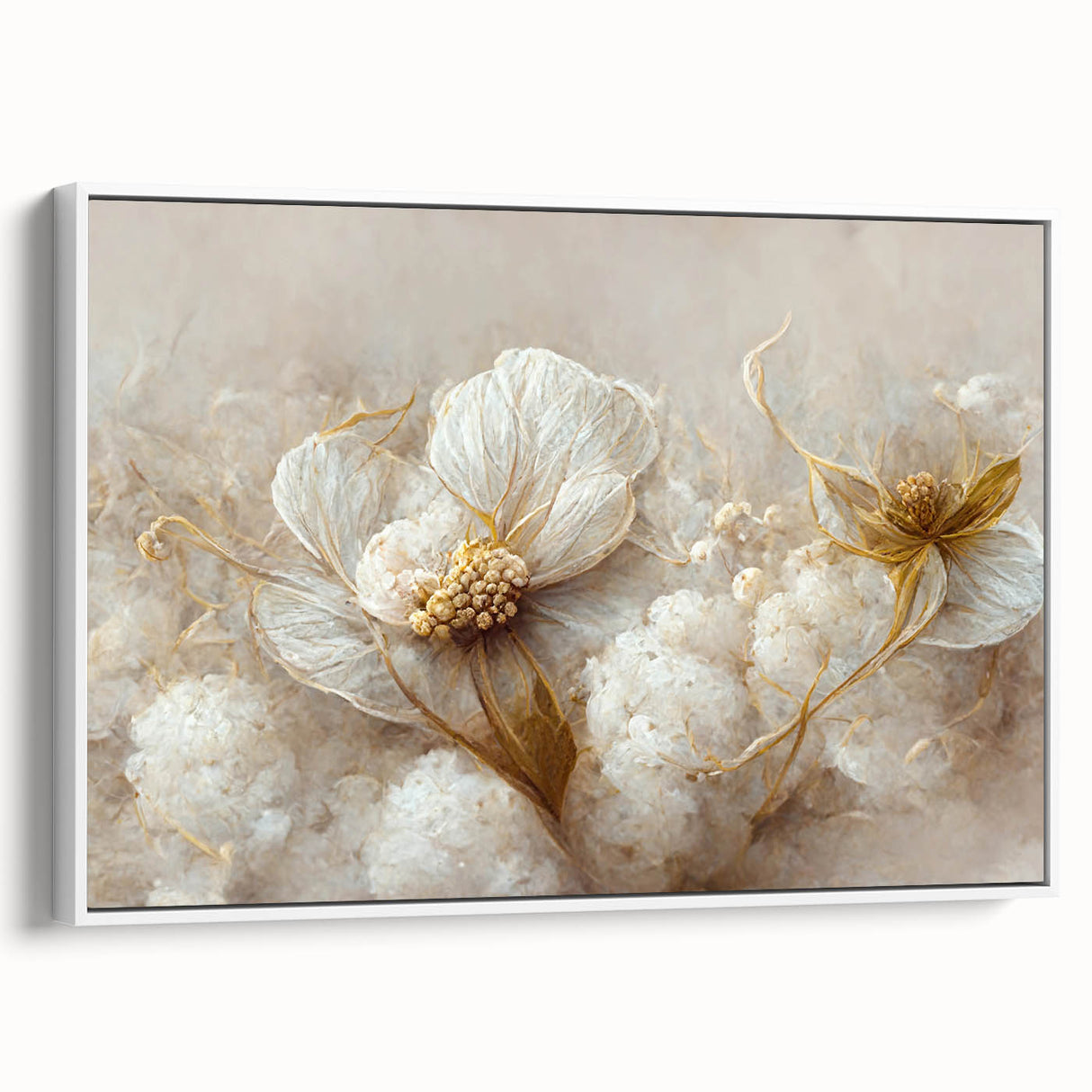 Framed canvas wall art showcasing abstract floral designs in vibrant colors, displayed in a white frame, highlighting its modern aesthetic for home decor.