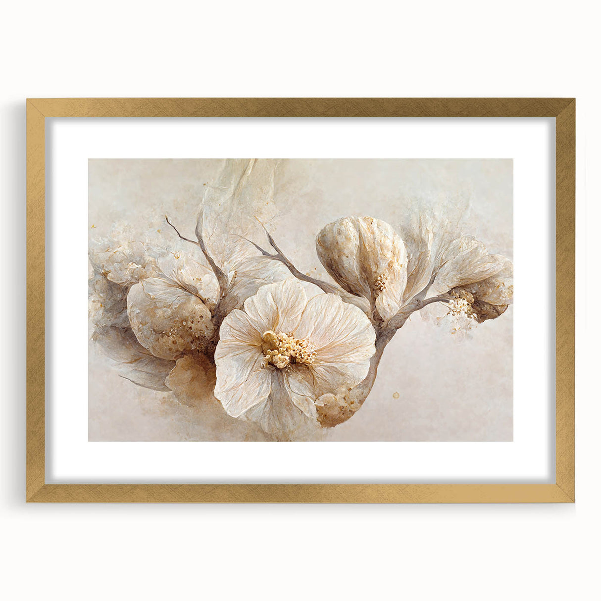 Abstract floral wall art framed in gold with a white mat, showcasing vibrant colors and intricate patterns, perfect for enhancing modern home decor aesthetics.