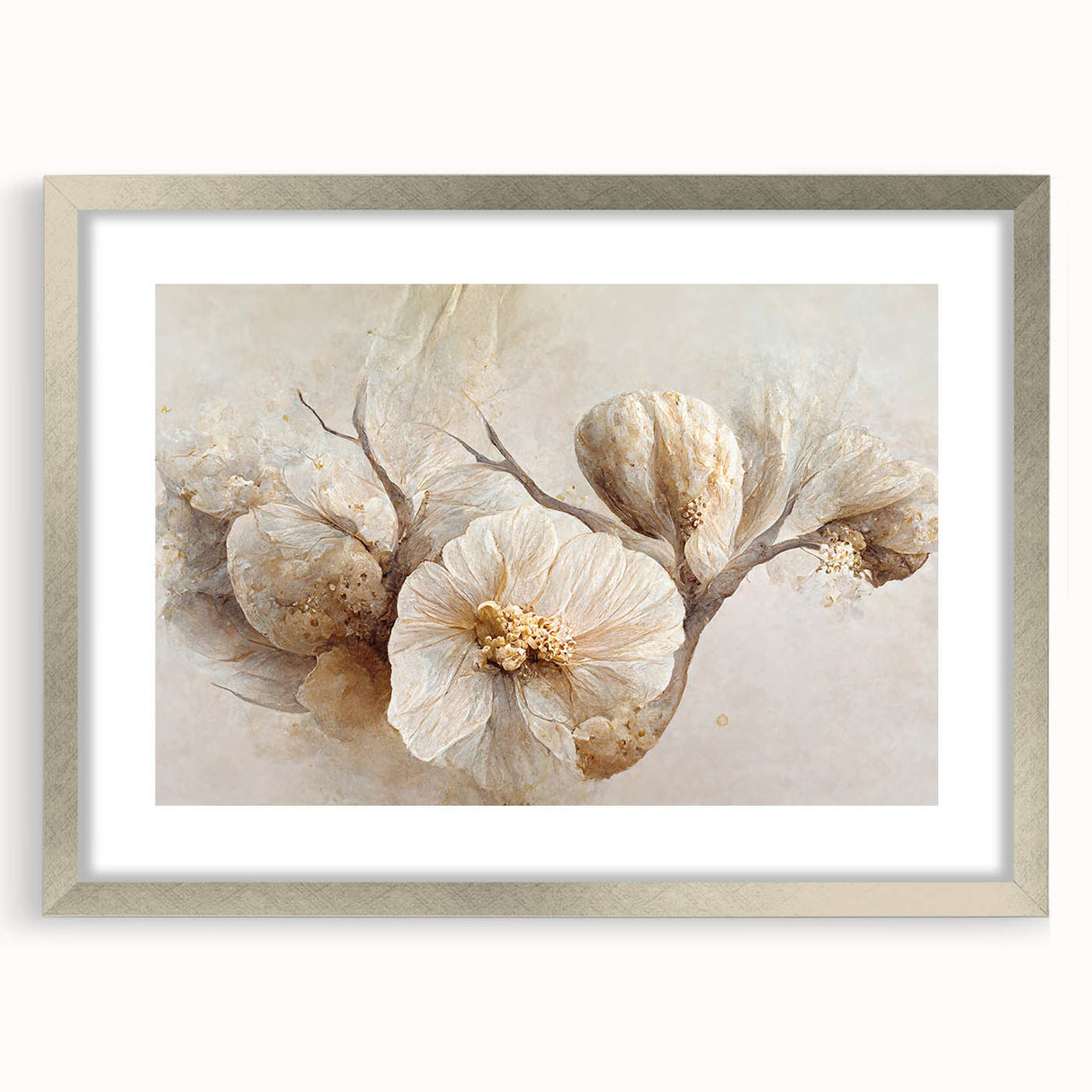 Abstract floral wall art framed in silver with a mat, showcasing vibrant colors and intricate designs, perfect for modern home decor. Ideal for adding a touch of elegance to any space.