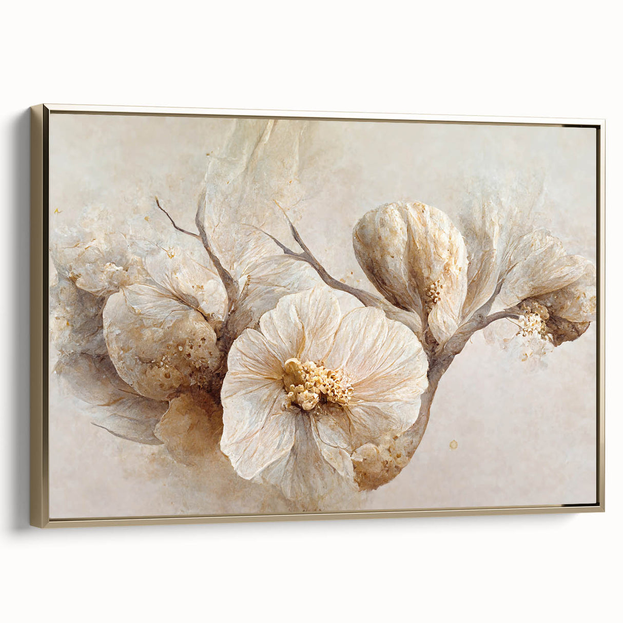 Framed canvas wall art featuring an abstract floral design in vibrant colors, accented with gold, showcasing a side view that highlights its elegant frame and modern aesthetic. Perfect for contemporary home decor.