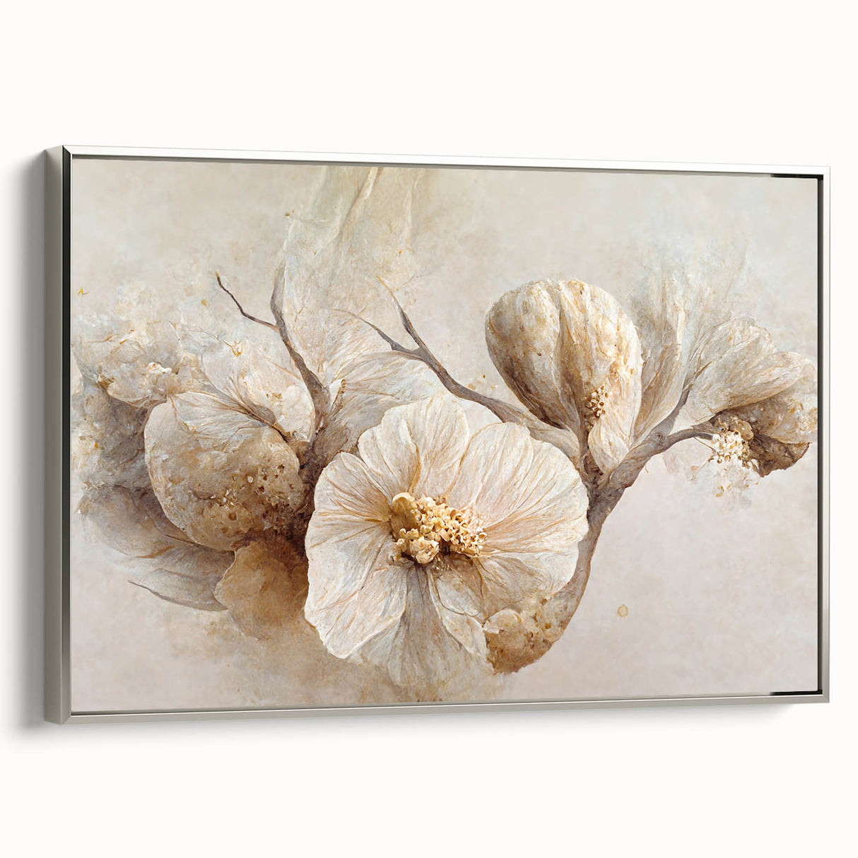 Framed canvas wall art showcasing abstract floral designs in soft pastel colors, featuring a sleek silver frame and a side view perspective, ideal for modern decor.