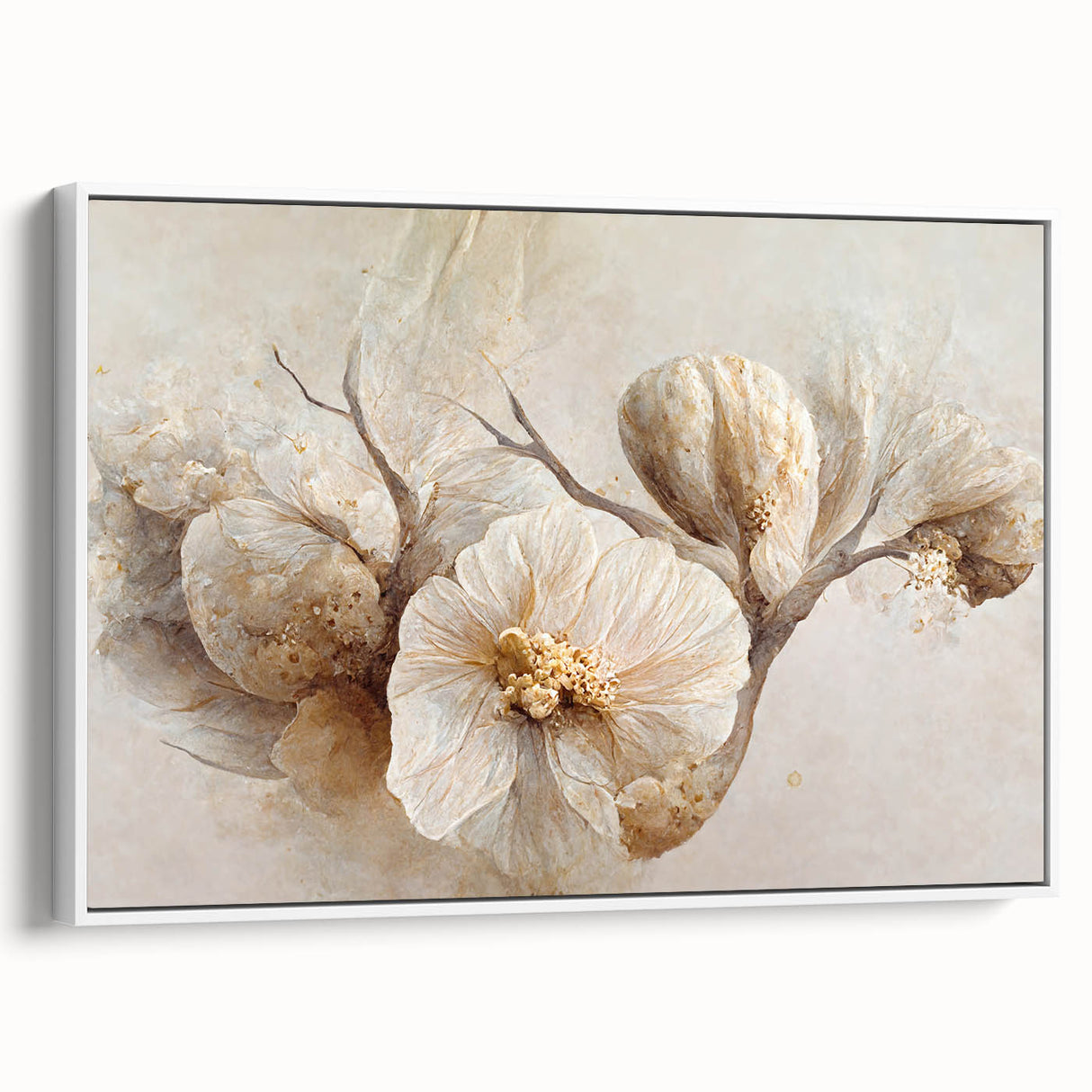 Framed abstract floral wall art in a sleek white frame, showcasing vibrant colors and intricate patterns, ideal for modern home decor. Perfect for enhancing living spaces with a touch of elegance.