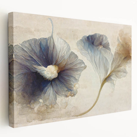 Stretched canvas wall art showcasing an abstract floral design in vibrant colors, featuring a side view that highlights the depth and texture of the artwork, ideal for enhancing modern decor.