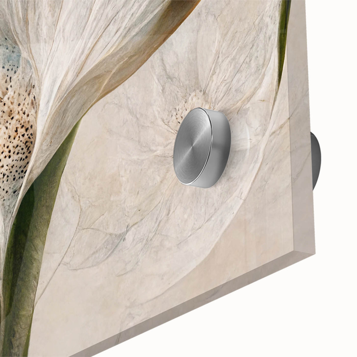 Close-up of vibrant abstract floral wall art on acrylic glass, showcasing intricate details and bold colors, perfect for modern home decor.