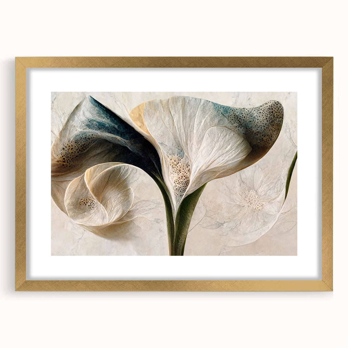 Abstract floral wall art framed with a gold mat, showcasing vibrant colors and intricate designs, perfect for enhancing modern home decor.