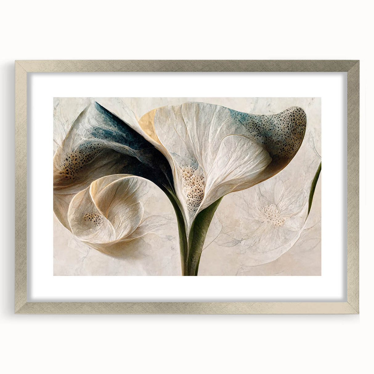 Abstract floral wall art framed in silver, displaying vibrant colors and intricate designs, perfect for modern home decor. Features a mat for added elegance.