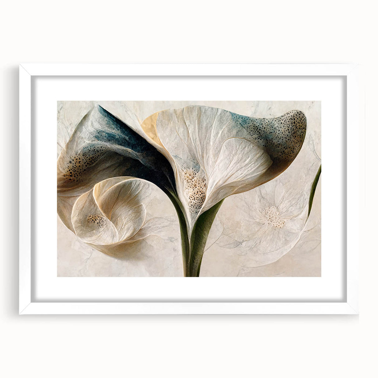 Abstract floral wall art framed in white with a mat, showcasing vibrant colors and intricate designs, perfect for modern home decor and interior styling.