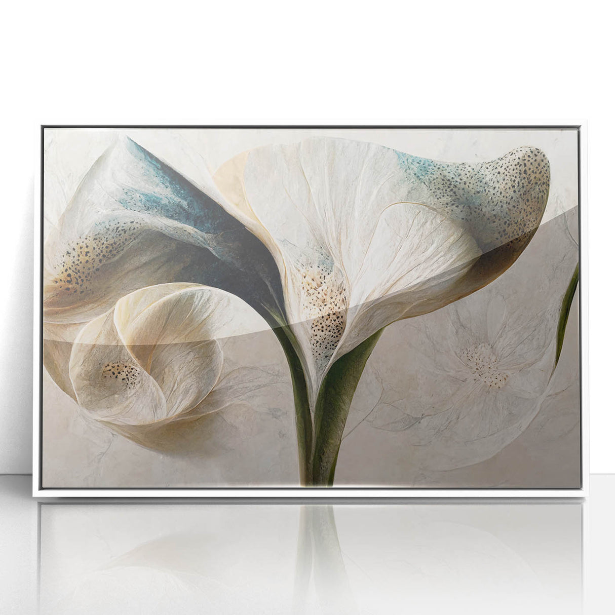 Framed acrylic wall art showcasing an abstract floral design in soft pinks and greens, set against a sleek white backdrop, perfect for modern home decor.