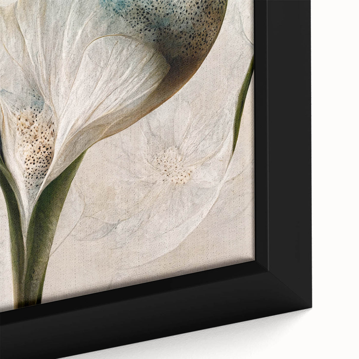 Close-up of a framed abstract floral wall art canvas, showcasing vibrant colors and intricate patterns, ideal for modern home decor and artistic interiors.