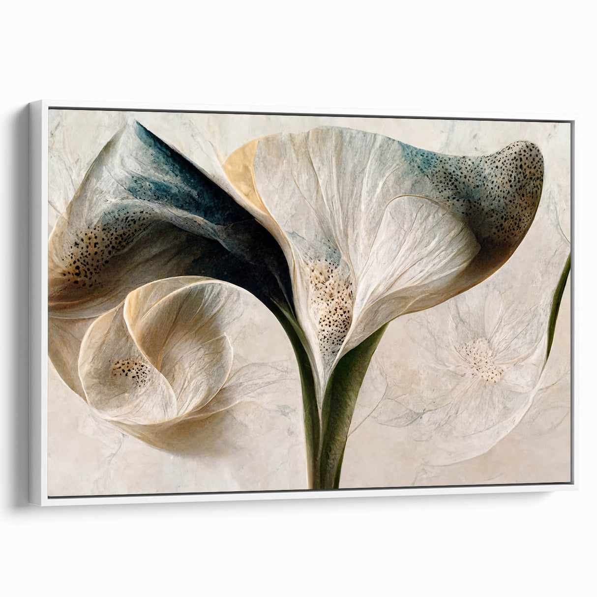 Framed canvas wall art featuring an abstract floral design with vibrant colors. The artwork is displayed in a sleek white frame, showcasing its elegant side profile. Perfect for modern home decor.