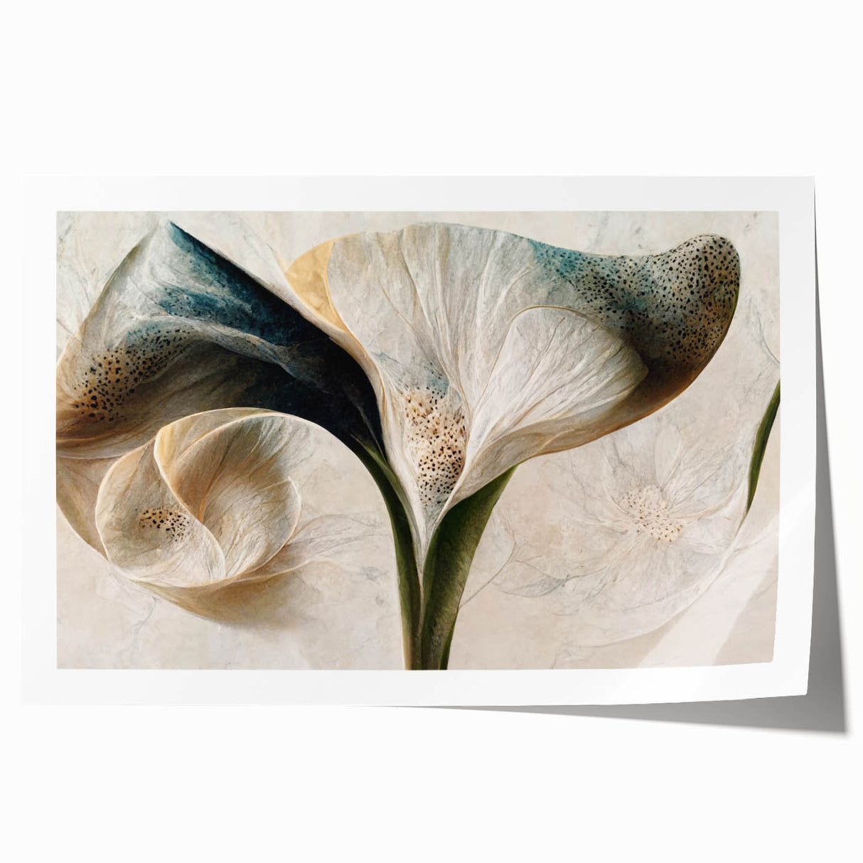 Abstract floral wall art print showcasing vibrant colors and intricate patterns, elegantly rolled for easy display, perfect for modern home decor.