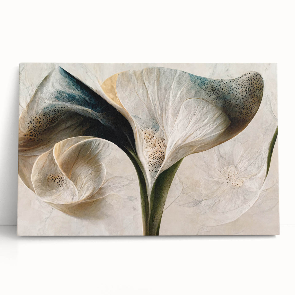 Abstract floral wall art on stretched canvas, showcasing vibrant colors and intricate designs, leaning against a wall, adding elegance to home decor.