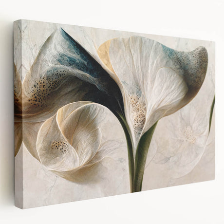 Colorful abstract floral wall art on stretched canvas, showcasing vibrant hues of pink, blue, and yellow, perfect for modern home decor.