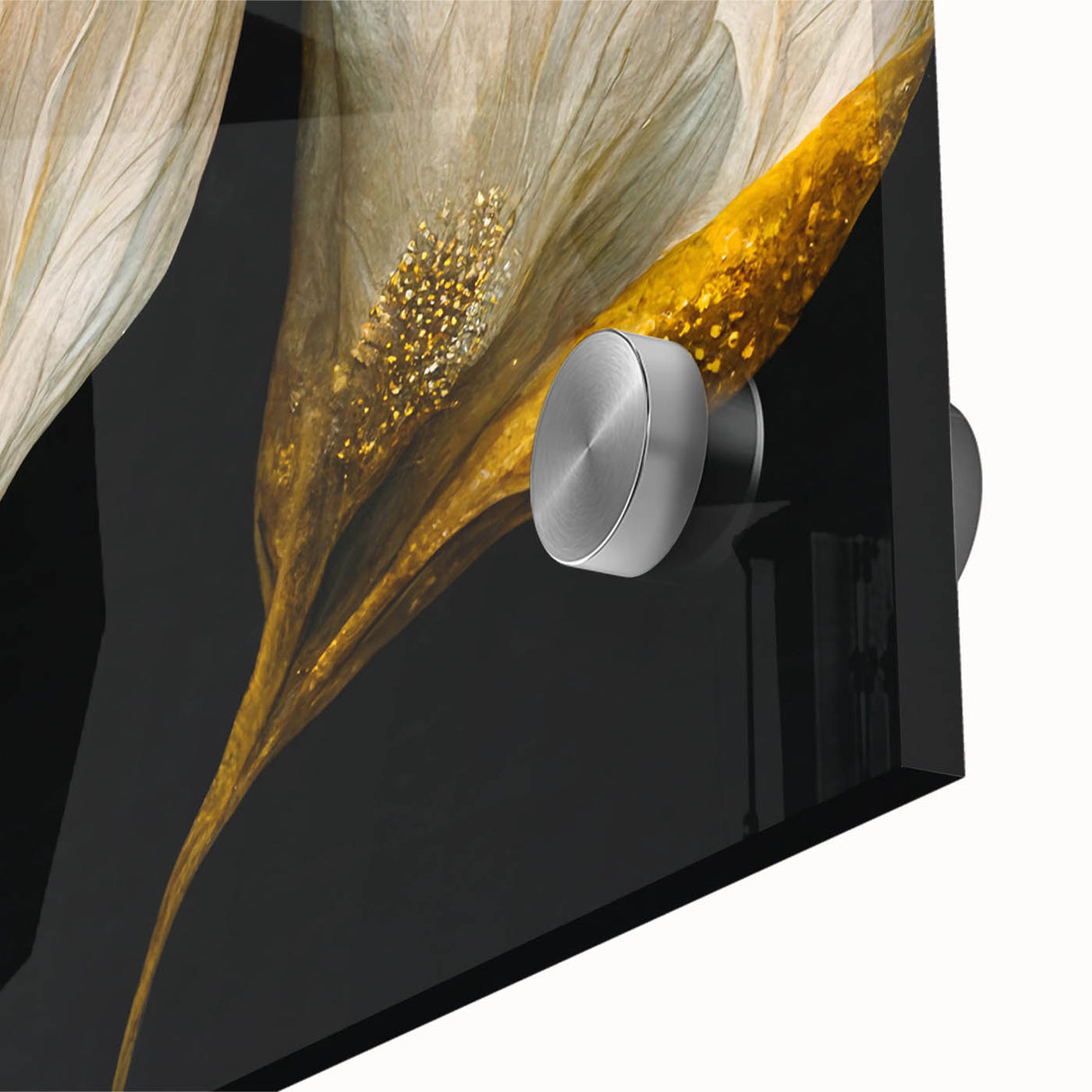 Close-up of vibrant abstract floral wall art on acrylic glass, showcasing intricate details and rich colors, ideal for modern home decor.