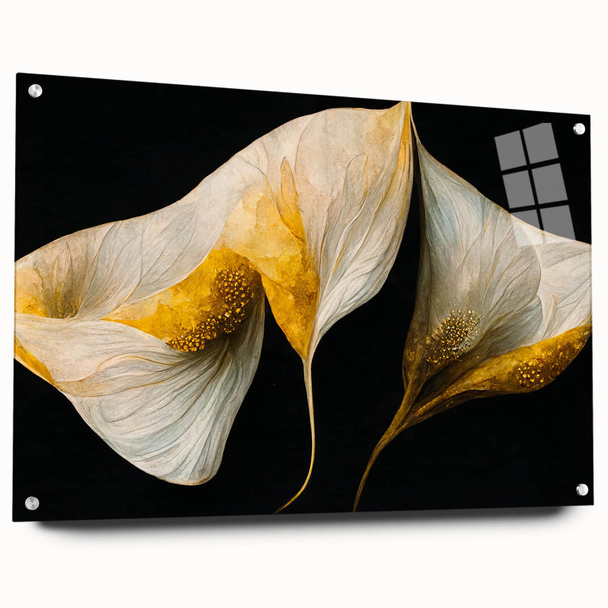 Abstract floral wall art displayed in an acrylic glass frame, showcasing vibrant colors and intricate details, secured with decorative pins for a modern touch.