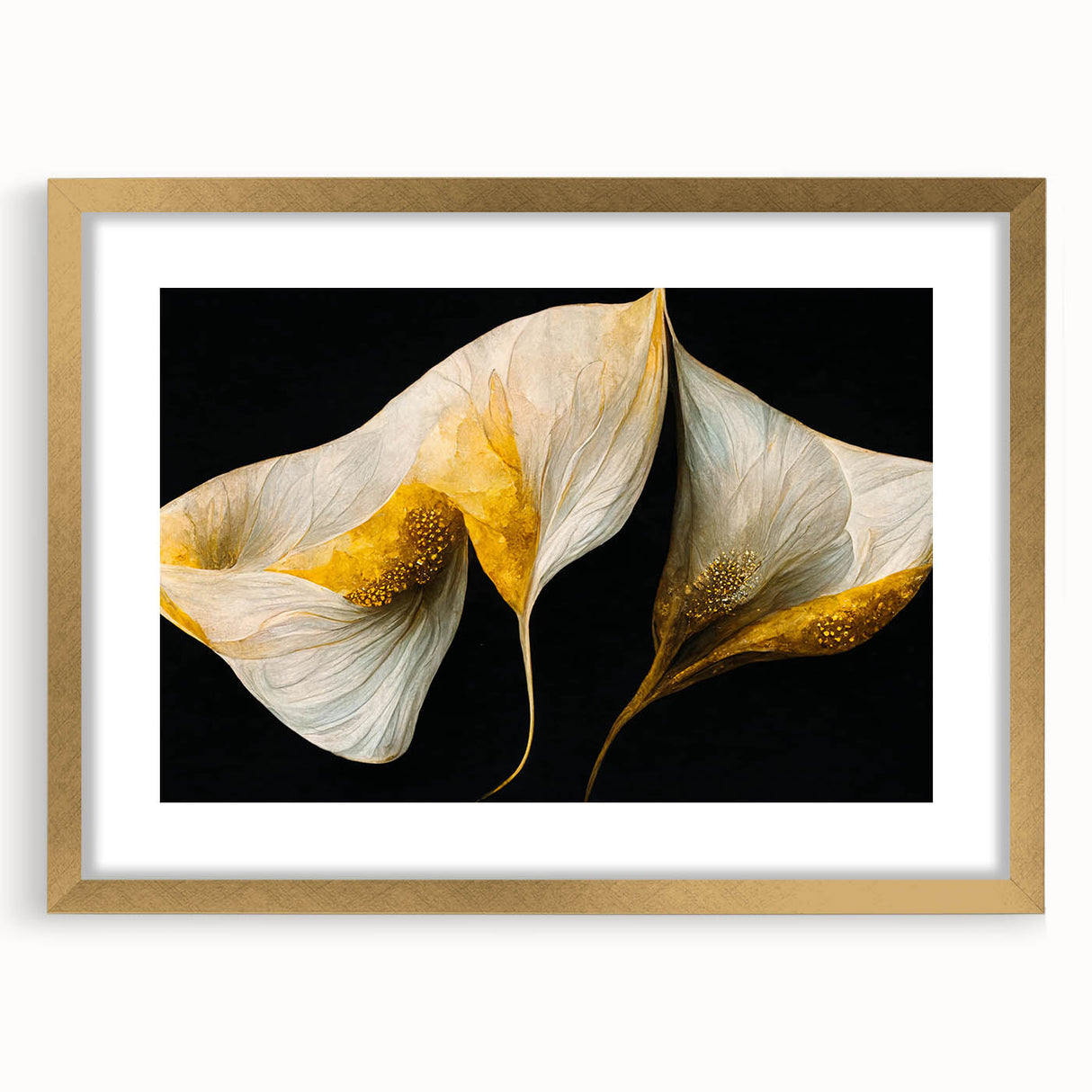 Abstract floral wall art framed with a gold mat, showcasing vibrant colors and intricate designs, ideal for modern home decor and enhancing interior aesthetics.