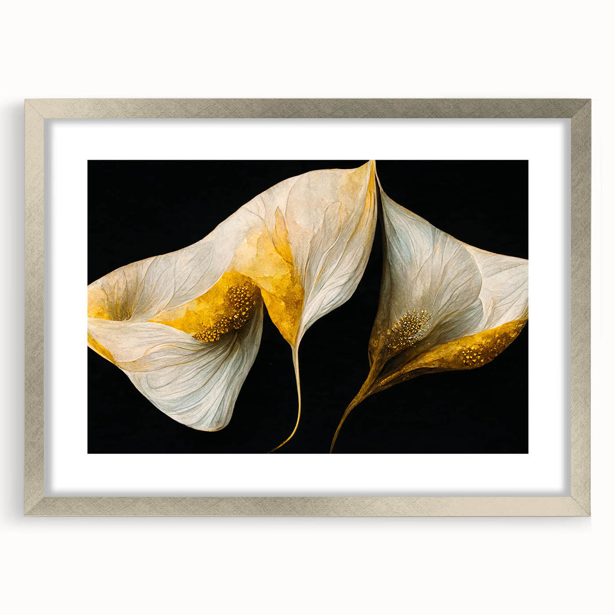 Abstract floral wall art print in a sleek silver frame, showcasing vibrant colors and intricate details, perfect for modern home decor. The artwork features a blend of soft pinks and greens, adding a touch of elegance to any room setting.