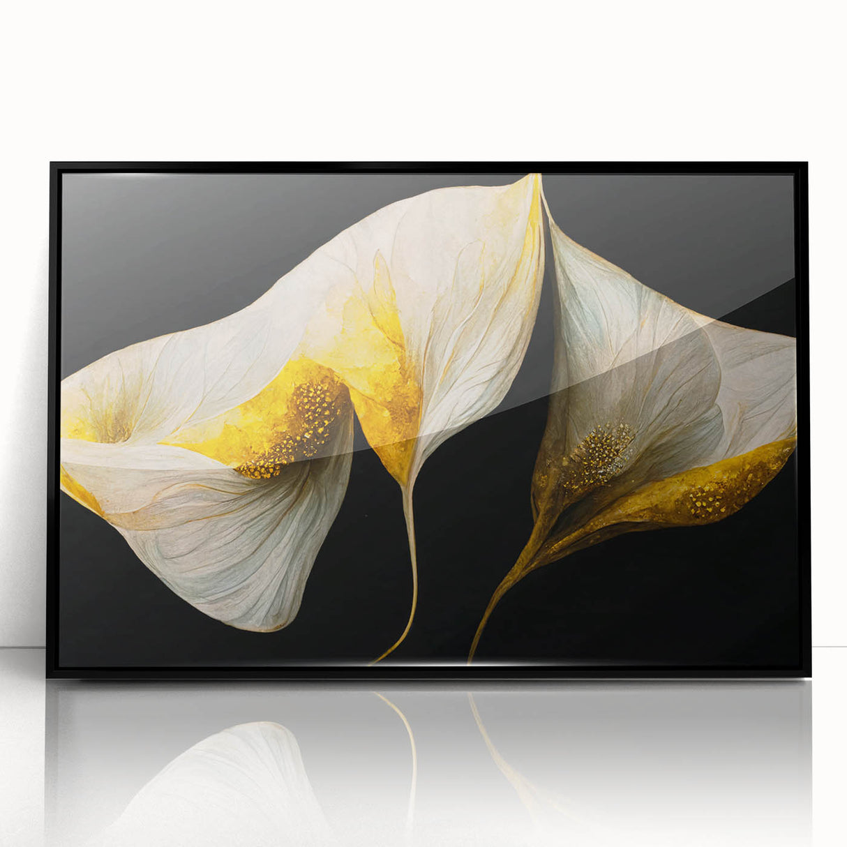 Framed abstract floral wall art featuring vibrant colors and intricate details, set in a sleek black frame, perfect for modern home decor and interior design.