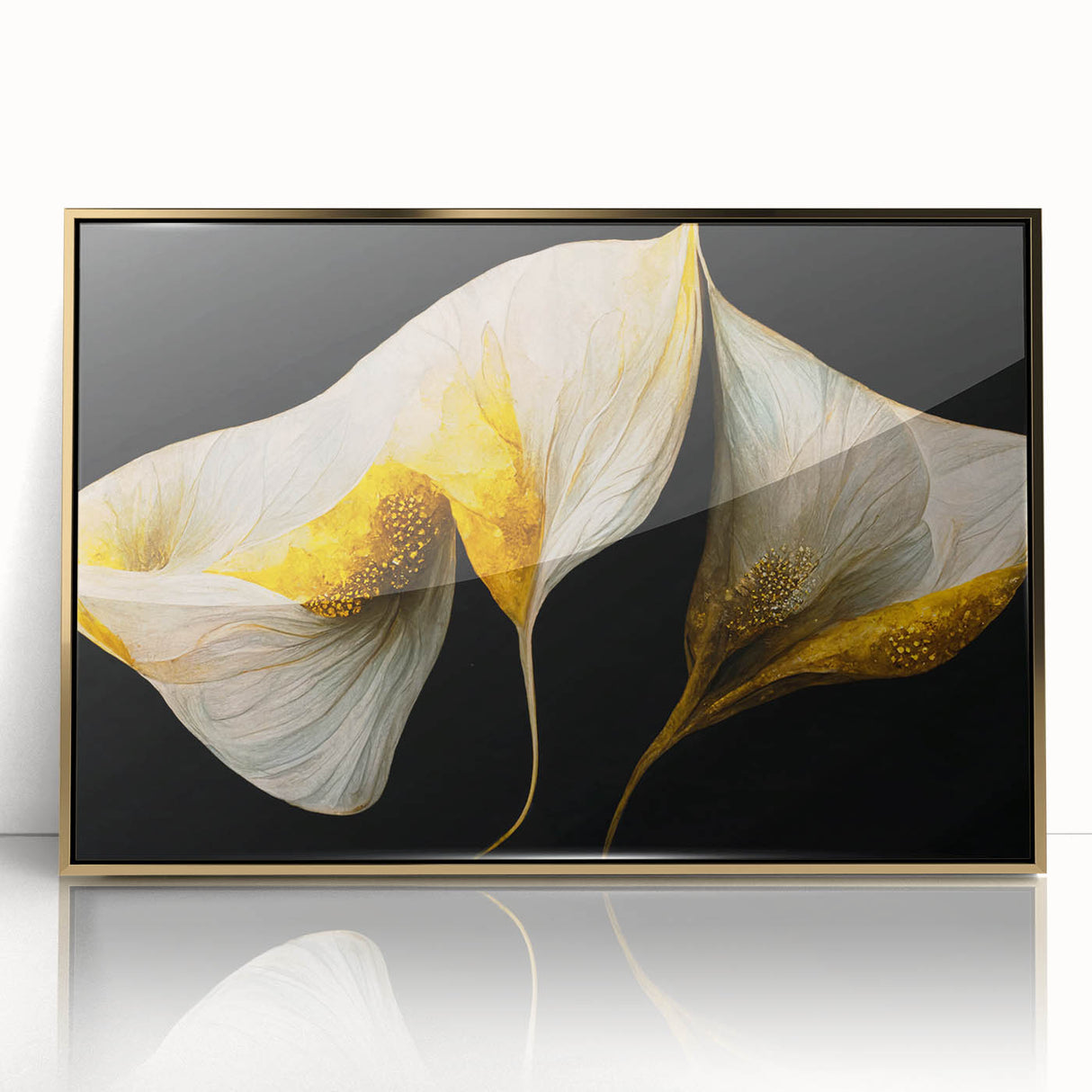 Framed wall art showcasing abstract floral design in vibrant colors with gold accents, perfect for modern home decor, adding elegance and style to any room.