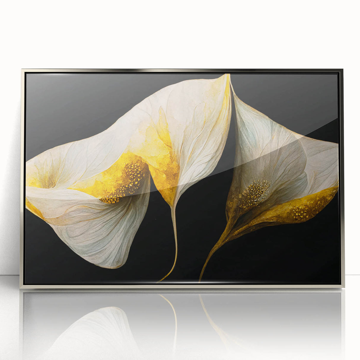 Framed acrylic wall art featuring abstract floral design in vibrant colors, elegantly showcased in a sleek silver frame, perfect for modern home decor.