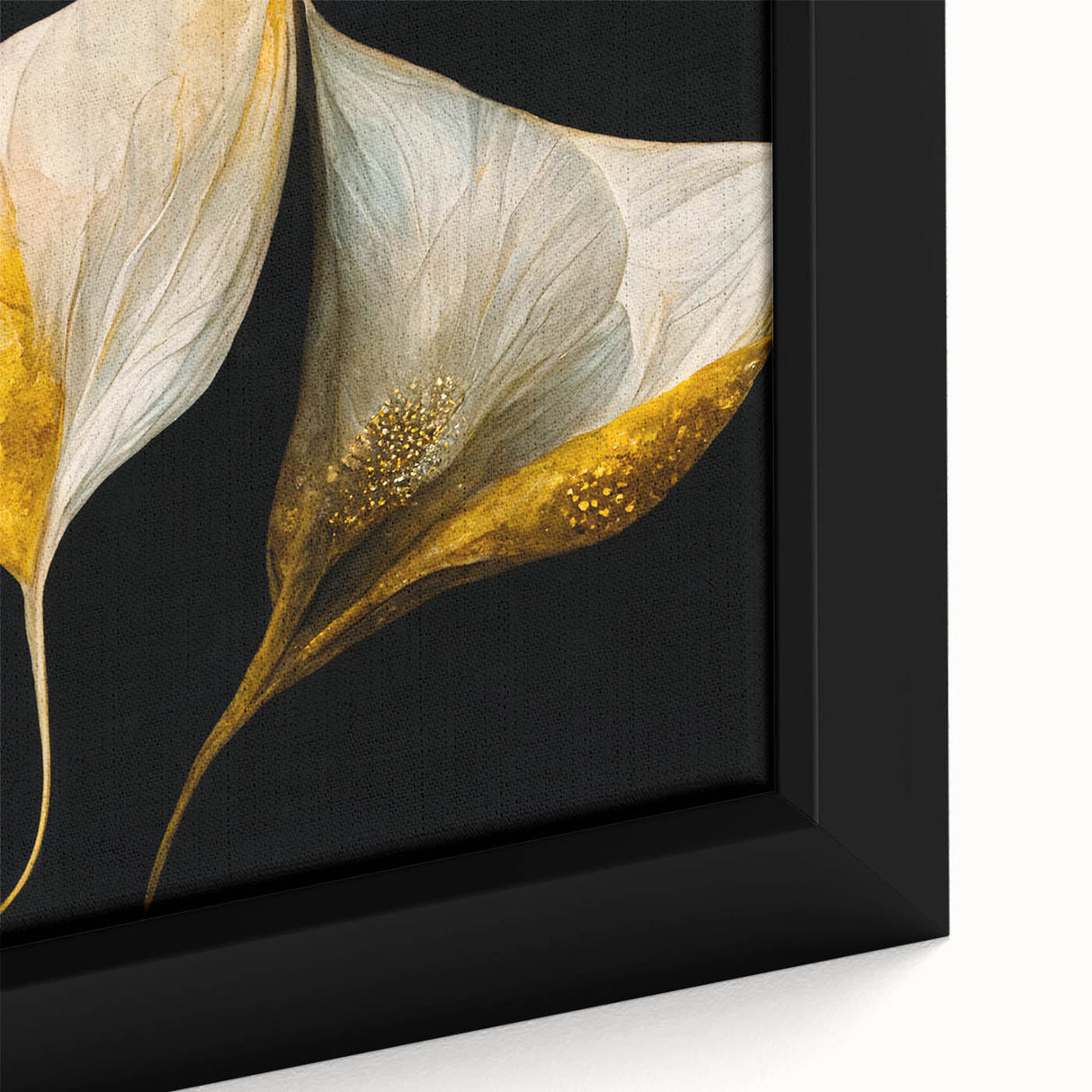 Close-up of a framed canvas featuring vibrant abstract floral wall art with intricate details in shades of blue, pink, and green, enhancing modern decor aesthetics.