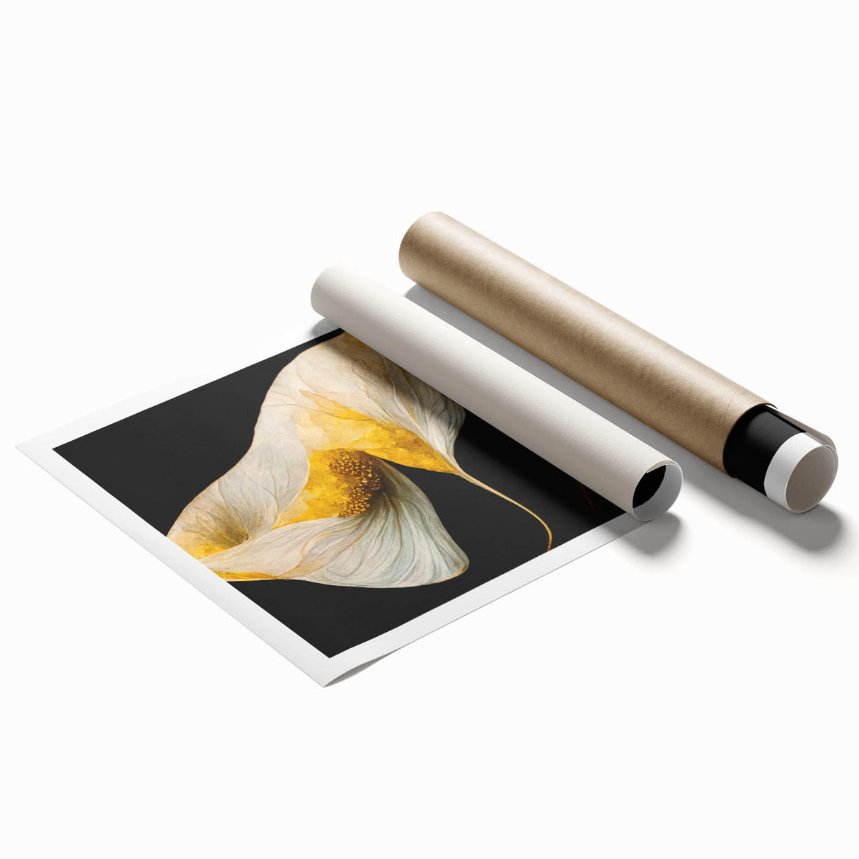 Abstract floral wall art print featuring vibrant colors and intricate designs, elegantly rolled for easy display, perfect for modern home decor.