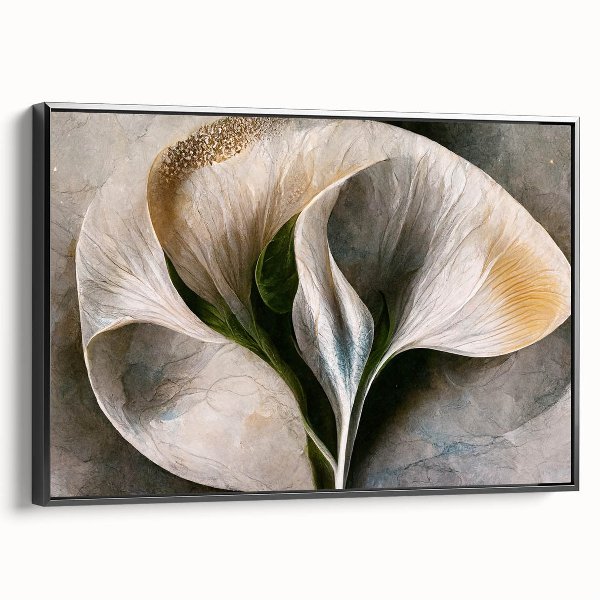 Framed abstract floral wall art featuring vibrant colors and intricate designs, showcasing a black frame and side view display, perfect for modern decor.