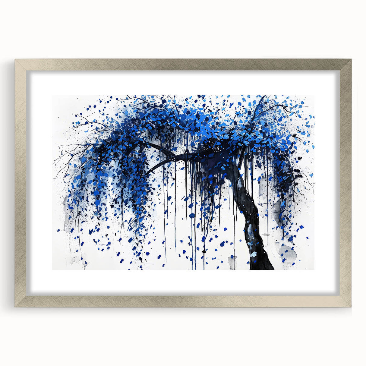 Abstract splatter art frame with a silver mat, showcasing a modern design that enhances any decor. Perfect for contemporary spaces, this artwork adds a vibrant touch to walls.