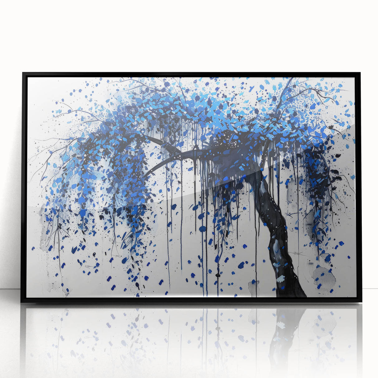 Framed acrylic artwork showcasing an abstract design of colorful splatters on a black background, ideal for modern home decor. The piece adds vibrant energy and creativity to any space.