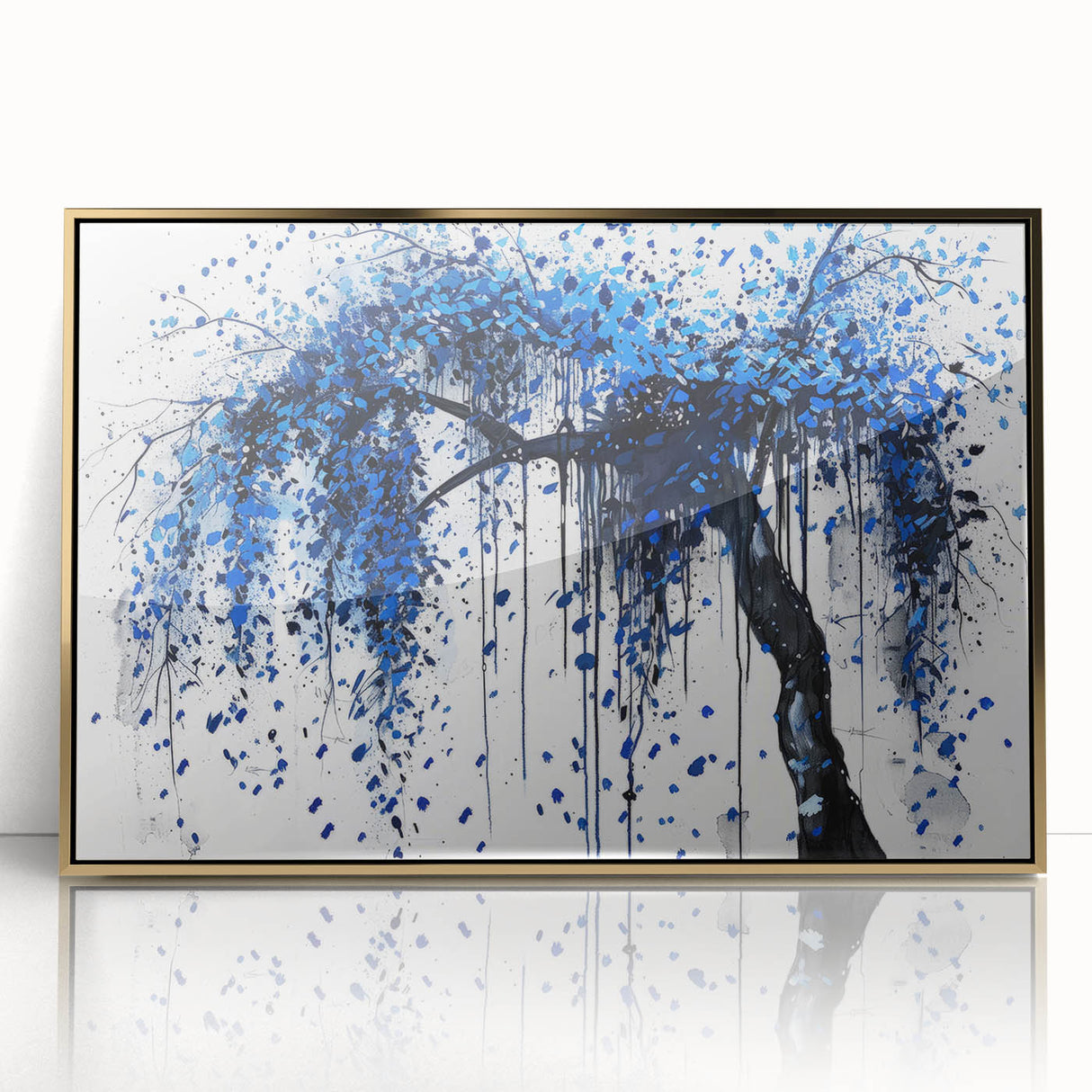 Framed acrylic artwork featuring abstract gold splatters on a textured background, ideal for modern home decor and stylish interior design accents.