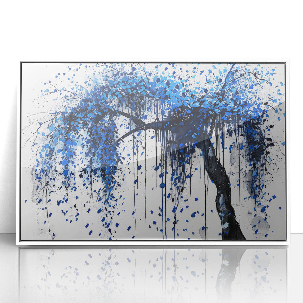 Framed acrylic artwork showcasing vibrant abstract splatters in shades of blue, pink, and gold, set against a sleek white background, perfect for modern decor.