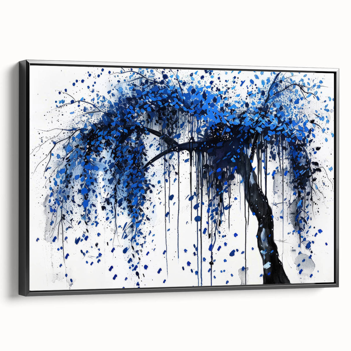 Framed abstract splatter canvas art in black, showcasing dynamic paint patterns, side view highlighting its sleek design, perfect for modern decor and artistic spaces.