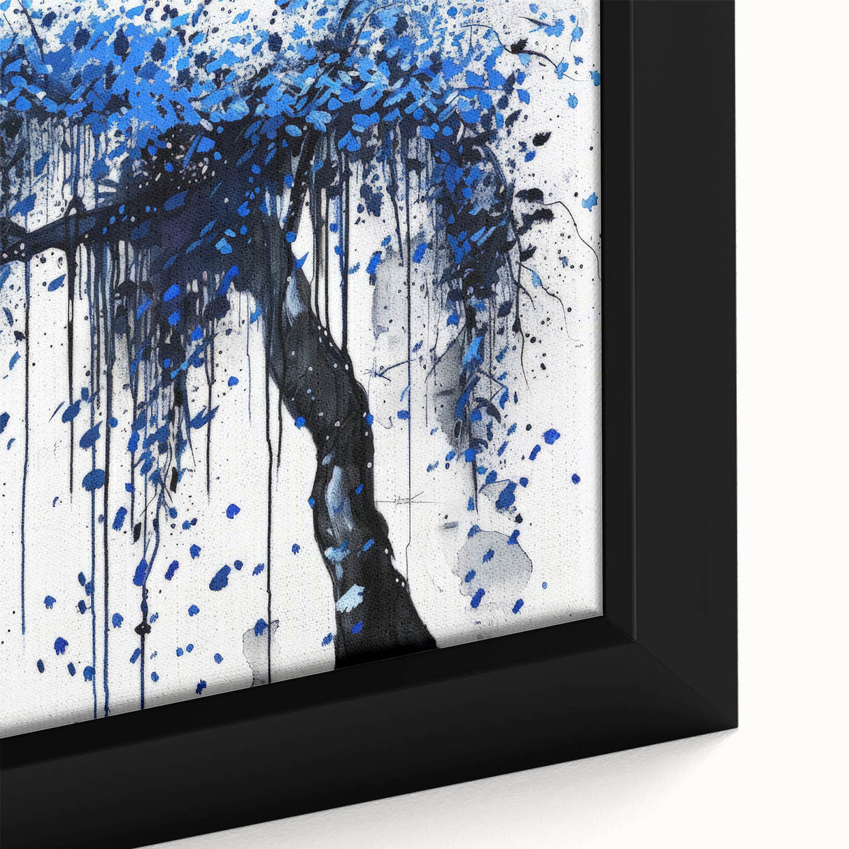 Close-up of a vibrant abstract splatter design on a framed canvas, showcasing bold colors and dynamic patterns, ideal for modern home decor or art enthusiasts.