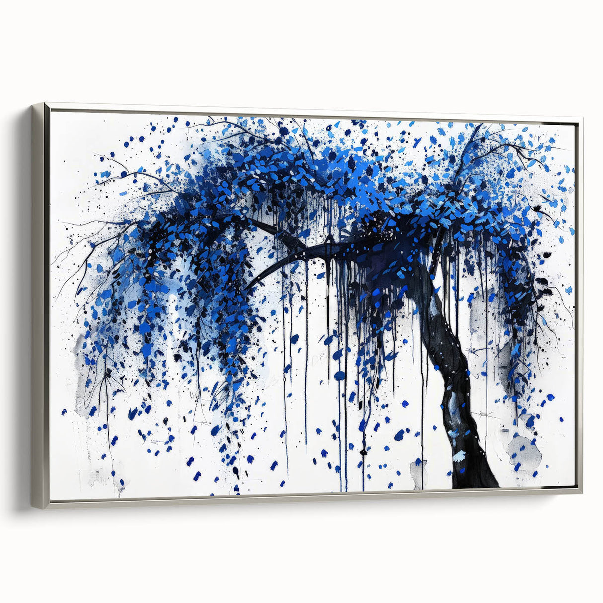 Framed canvas artwork showcasing abstract splatter designs in vibrant colors, featuring a sleek silver frame, ideal for modern home decor and artistic displays.