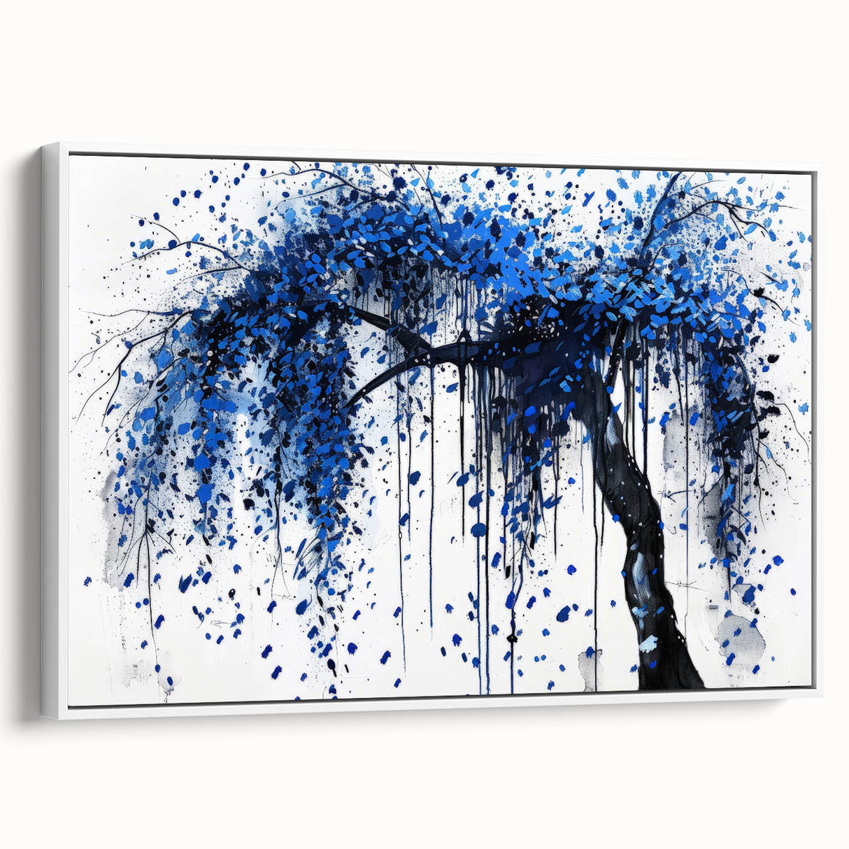 Abstract splatter art canvas framed in white, showcasing vibrant colors and dynamic shapes, perfect for modern home decor. Side view highlights its sleek design and professional finish.