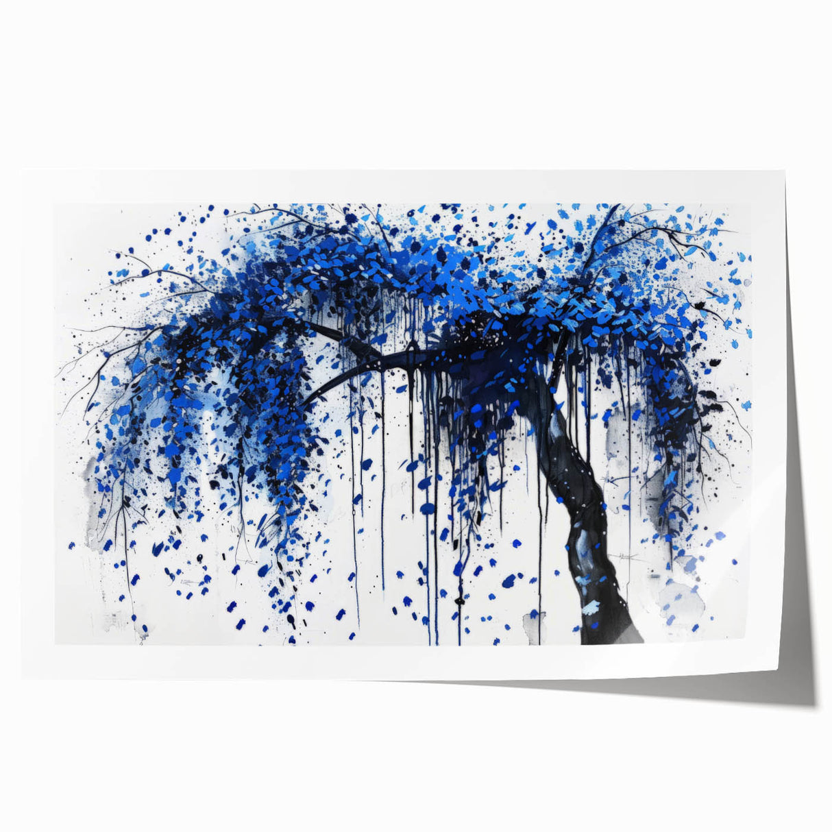 Abstract splatter art print on rolled canvas, showcasing vibrant colors and dynamic patterns, ideal for modern home decor, packaged securely for delivery.